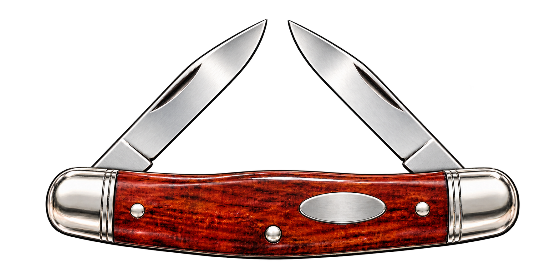 Traditional red-brown wood-grain pocket knife with two polished blades open toward the center and a Stephanie handle shield